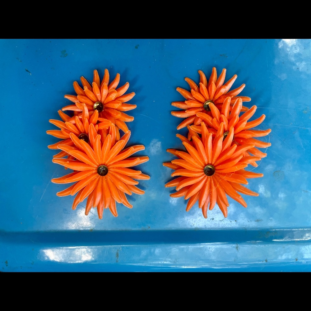 Vintage Orange Flower Clip on Earrings